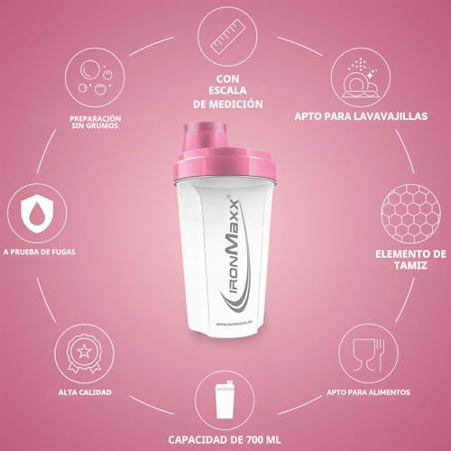Miniatura 4 de Ironmaxx Protein Shaker - 700ml Blanco Helado Rosa Agitador De Proteínas Tapón De Rosca, Tamiz, Escala Sin Bpa Dehp, Hermético, Lavable