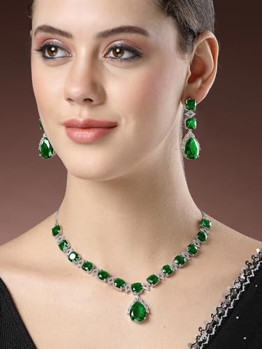 Image of Karatcart Elegant Silver Plated Blue American Diamond Necklace Set for Women