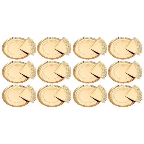 AC - Embalagem de 12 bandejas redondas com blonda, papelão e papel, especial para festas, apresentação de sobremesas - material reciclável - Ø 23 cm - dourado