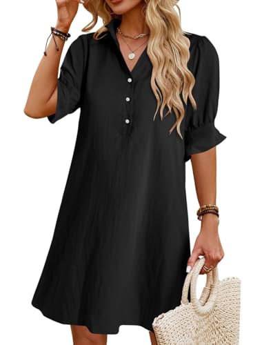 Womens Summer Shirt Dress 2025 Casual Ruffle Short Sleeve Button Down Flowy Swing Shift Mini Dresses with Pockets