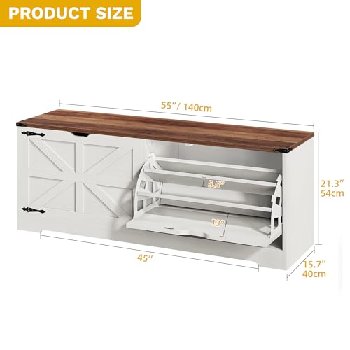 DWVO Shoe Storage Bench, 55" L Shoe Cabinet with 3 Flip Drawer & Flip-Top Storage, Farmhouse Modular Tilt-Out Organizer for Entryway, Mudroom, Bedroom