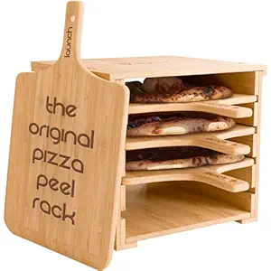 Slyced Wooden Pizza Peel Rack | Includes 4 x 12 Inch Non-Stick Bamboo Pizza Boards | Real Wood Pizza Paddle Stand | Innovative Design Allows You To Spend Less Time Prepping And More Time With Family
