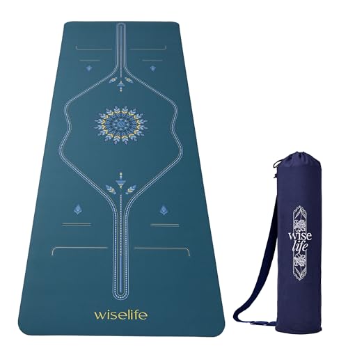 Image of WiseLife PU Alignment Rubber Professional Yoga Mat + Carry Strap - Extra Thick Extra Long Extra Wide Exercise floor mat for Gym, Workout, Fitness, Yoga and Pilates) PURE PU Leather & Natural Rubber ( Frosted Blue 6mm )