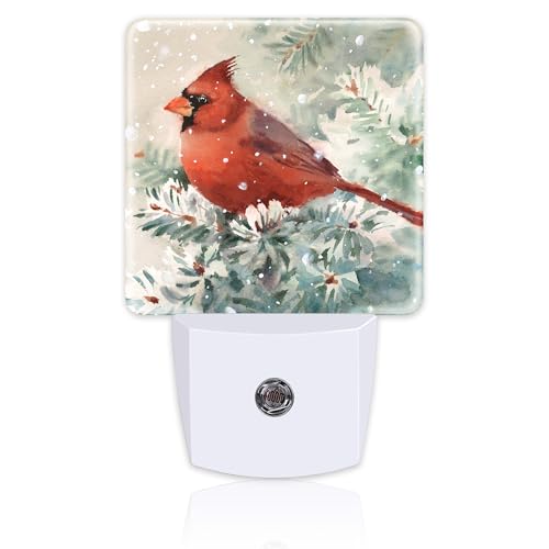 Image of Winter Cardinal Pine Tree Night Light, Christmas Snow Red Cardinal Dusk to Dawn Night Light Plug in, 0.5w Energy Saving Sleep Friendly NightLight for Kids Boys Girls Home Decor
