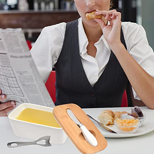 Foccts Butter Dish With Bamboo Lid, Porcelain Butter Keeper Container, Butter Box With Knife, Cheese Food Storage Containers Keeper With Cover For Kitchen, Baking #TOP6