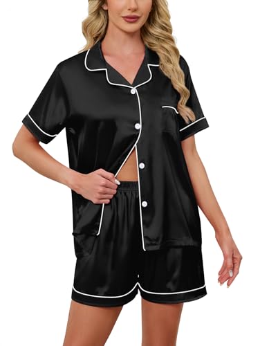 Image of Schbbbta Women Pajamas Set, 2 Pieces Satin Silk Button Down Pjs Short Sleeve Outfits Loungewear