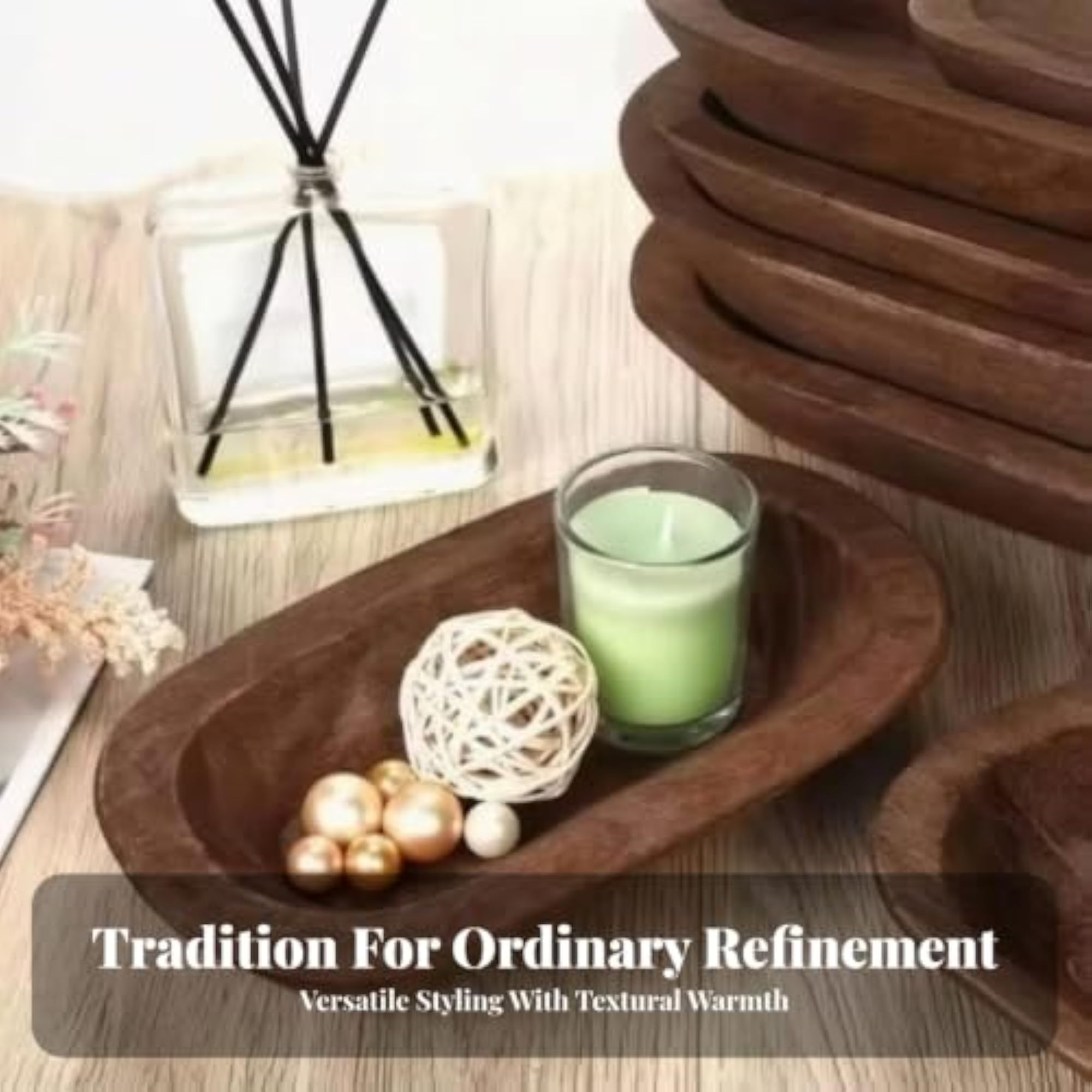 10 Pieces Solid Wood Oval Decorative Bowls, Set for Tabletop