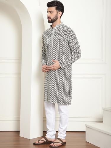 Image of SOJANYA (Since 1958 Men's Cotton Gold Embroidered Sequinned Kurta With white churidar Pyjama