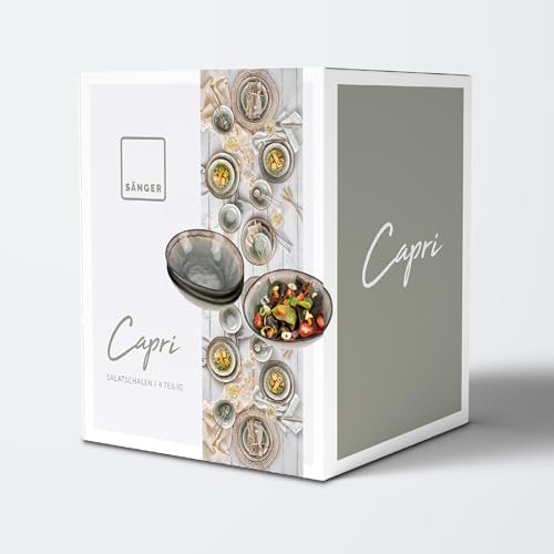 SÄNGER | Salatschale Capri Grau 4 tlg, Salatteller 4 Personen, Steingut Geschirr Set für Salat, Tiefe Teller Spülmaschinenfest Handmade Salatschälchen Grau mit Braunem Rand 760 ml | PREMIUM COLLECTION