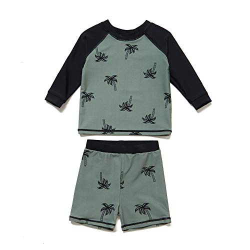 BONVERANO Toddler Boys Rashguards UPF 50+ Sun Protection Two Pieces Swimsuit with Sun Cap (18-24 Months, Palm)