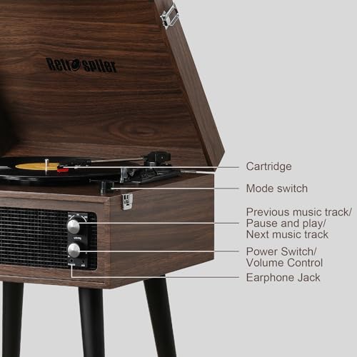 RETROSPILER Tourne-disque avec support, 3 vitesses avec haut-parleurs intégrés et pieds amovibles, enregistreur USB Bluetooth, entrée auxiliaire, bois (espresso) - Les Beatles, Paul McCartney, John Lennon, RIngo Starr, George Harrison RETROSPILER Tourne-disque avec support, 3 vitesses avec haut-parleurs intégrés et pieds amovibles, enregistreur USB Bluetooth, entrée auxiliaire, bois (espresso) – Image 7