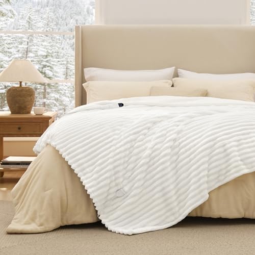 Image of Bedsure Electric Blanket Full Size - Thick Striped Flannel Heated Blanket with 6 Heat Settings, 10 Time Settings, 8-Hour Timer Auto Shut Off, Gift for Grandma (72x84 inches, White)