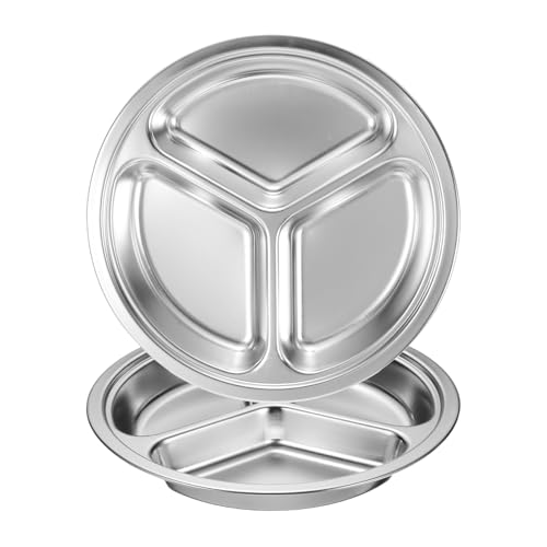 uxcell 2 platos divididos de acero inoxidable, platos redondos de 9.4 pulgadas con 3 secciones, bandeja de desorden de cafetería para restaurante, cocina, control de porciones, camping, color plateado