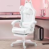 Dowinx Gaming Chair Cute with Cat Ears and Massage Lumbar Support, Ergonomic Computer Chair for Girl with Footrest and Headrest, Comfortable Reclining Game Chair 290lbs for Adult, Teen, White