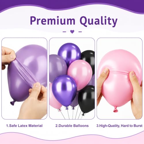 Image of Purple Pink Balloons, 12 Inchs Black Pink Purple Metallic Purple Balloons, Pink and Black Birthday Balloons for Birthday Party Baby Shower Wedding Decorations