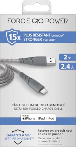 Câble USB A vers Lightning 2m Gris Force Power garanti à vie
