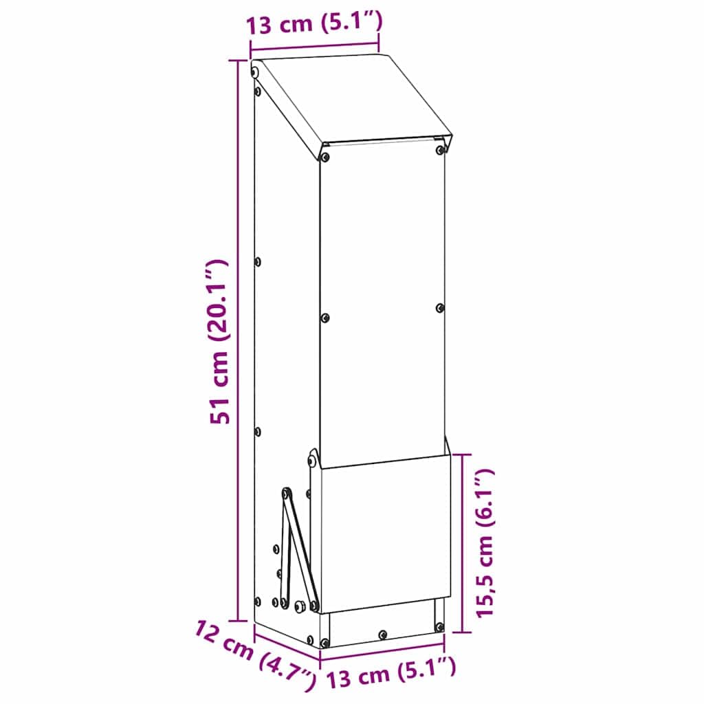 Comedero de pollo negro de acero laminado en frío, 13 x 12 x 51 cm, capacidad de 5 kg, resistente a la intemperie, con techo, para establo y jardín, práctico comedero para aves de corral