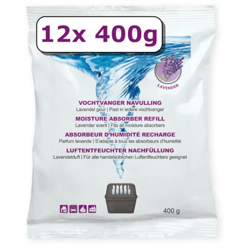 Lot de 12 recharges pour déshumidificateur - 400 g - Parfum lavande - Granulés dans un sac non tissé - Recharge absorbeur d'humidité