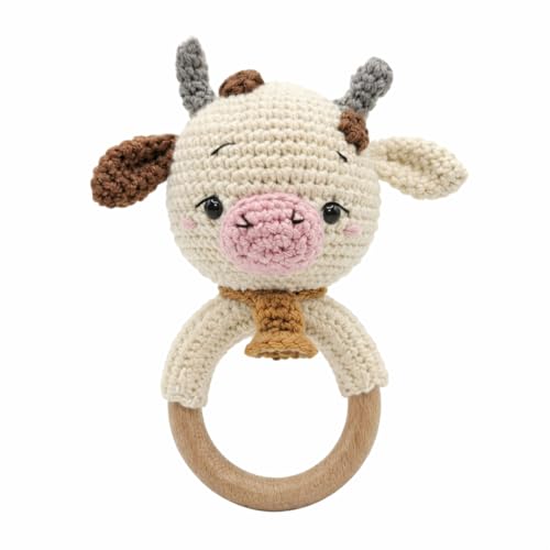 Image of Crochet Baby Teether Cow - Soft Handmade Cotton Rattle Toy with Wooden Ring for Infants - Cow 1 PCS