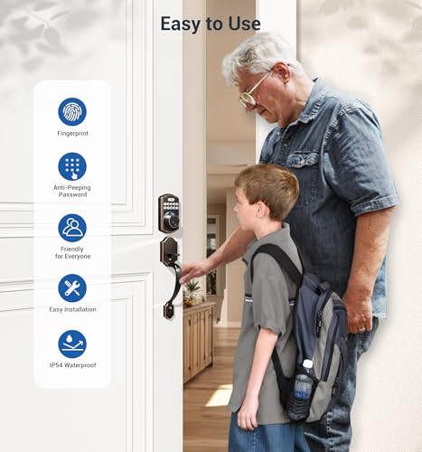 Image of Veise KS02D Fingerprint Front Door Lock with Handle Set, Bronze | Keyless Entry Electronic Keypad Deadbolt, Auto Lock, Anti-Peep Password, One-time Code, IP54 Waterproof, Low Battery Alarm