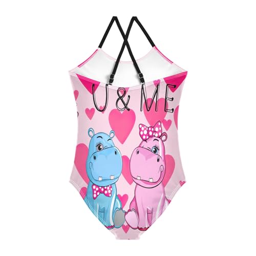 Toddler Girl Swimsuit One Piece, Summer Beach Swimsuit Girls 3-10 Y, Cute Hippos Pink2