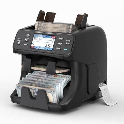 Image of MUNBYN 2-Pocket Money Counter Machine Mixed Denomination, Money Sorter, Built-in Printer, Sort on DENOM /FACE /ORI, Value Counting, 2 CIS /UV /MG /IR Counterfeit Detection, Touch Screen, 2Y Manufacturer