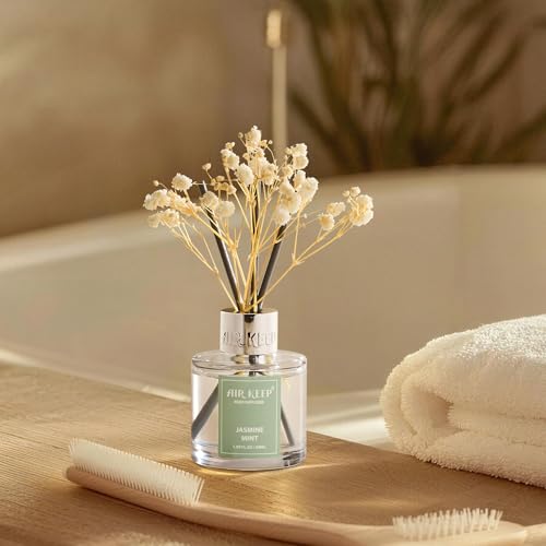 Image of Airkeep Reed Diffuser Set,1.69 fl oz (50 ml) - Jasmine Mint Oil Diffusers with 8 Reed Sticks,Home Fragrance Reed Diffuser for Bathroom Shelf Decor