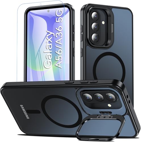 OWKEY para Samsung Galaxy A56/A36 5G funda con soporte para cámara, funda para móvil con película protectora, funda protectora magnética a prueba de golpes para Samsung A56/A36 5G, negro mate