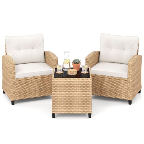 Image of Tangkula 3 Pieces Patio Furniture Set, PE Rattan Wicker 3 Pcs Outdoor Sofa Set w /Washable Cushion and Tempered Glass Tabletop, Conversation Furniture for Garden Poolside Balcony (Light Brown -White)
