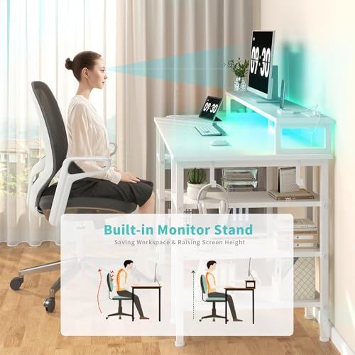 Image of Lufeiya White Desk with Storage Shelves - 47 inch Home Office Gaming Desk with Monitor Stand, Computer Desk with LED Lights and Power Outlets, White
