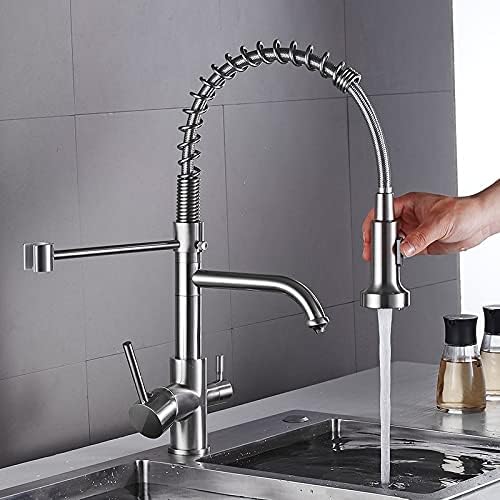 Kitchen Sink Faucet for Bar Farmhouse Commercial, Chrome Spring Pull Down Kitchen Dual Spouts 360 Swivel Handheld Shower Kitchen Mixer, Hot Cold 2 Outlet Spring Taps(Nickel)