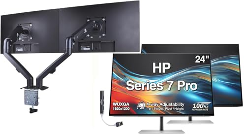 Image of HP Series 7 Pro 24 inch WUXGA IPS Monitor with 5ms Response Time, Anti Glare, Flicker Free, Swivel, Pivot, VESA Mount (100mm), Displayport, HDMI, Black /Silver 2 Pack w /DKZ Hub & ErgoFlexy Dual Mount Arms