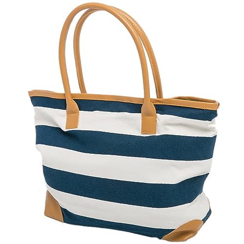 Beach Bag Womens Canvas Summer Tote Bags Striped Nautical Shopper 46 x 32 x 13 cms Closure Magnetic Clasp Airee Fairee (BLUE)(Size:L)