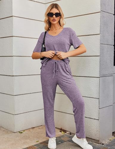 Image of Ekouaer Womens Ribbed Knit Lounge Set Short Sleeve Top and Long Pants Sleepwear Pajama Set Two Piece Matching Outfits Set