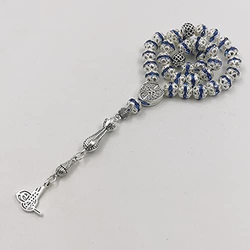 Women Tasbih Metal Silver Color Rosary Bead Inlaid Blue Crystal Muslim misbaha (8mm x 99beads)