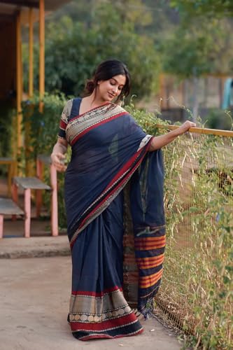 Image of DEVIKA TEXTILES Rukmini Steel Grey Narayanpet Pure Cotton Saree with Running Blouse Piece | Mercerised Cotton Fabric | Elegant Traditional Saree for Women