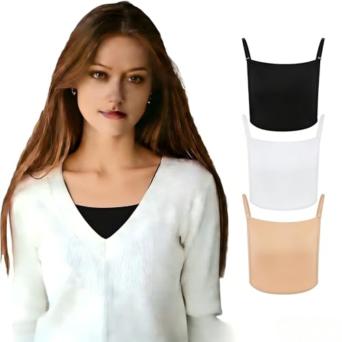 Camicover Lace Cleavage Cover Up for Low Neckline Modesty Panel for Women Clip On Mock Camisole Snap to Bra Insert (Solid Color Black White Beige)
