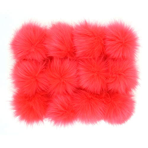 Image of Fluffy Faux Fur Pom Pom Ball for Knitting Accessories, Artificial Pompom with Elastic Cord, Hats Scarves Gloves Bags Charm Accessories, 3.9 Inch Pack of 12 (Watermelon)