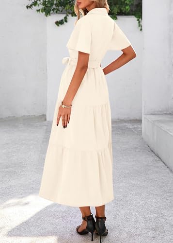 KIRUNDO Summer Button Down Wedding Guest Shirt Dresses for Women Maxi Flutter Short Sleeve Flowy Tiered Beach Sun Dress2