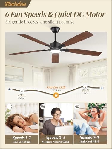 Image of Fanbulous 60 Inch Ceiling Fans with Lights and Remote, Stepless Color Temperature Change & Dimmable 20W LED Ceiling Fan, 6 Speeds Reversible Quiet DC Motor for Bedroom, Living Room, Apartment,Black