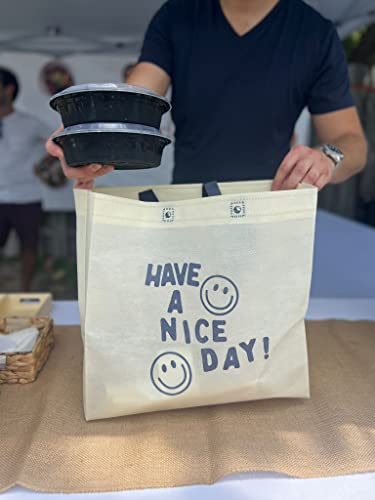 Bagways 100 Pack Reusable Large Grocery Shopping Tote Bags With Handles Made Of Non-Woven And Eco-Friendly Recyclable Materials 14"X6.5"X14" Durable, Heavy Duty, Machine Washable (Cream With Design) #TOP7