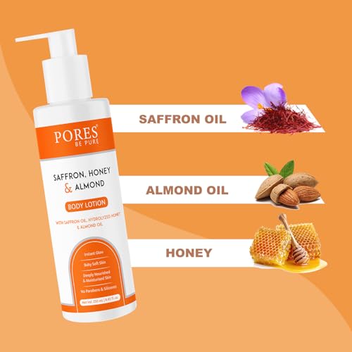 Image of PORES BE PURE Body Lotion with Saffron, Honey & Almond | Instant Glow, Deep Nourishment & Baby Soft Skin | Paraben & Silicone Free Daily Moisturizer for All Skin Types - 250ml