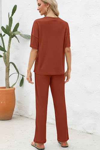 Image of JiniGolla Womens Pajama Sets Waffle Knit Short Sleeve Shirt with Long Pajama Pants Soft Sleepwear Pj Lounge Sets