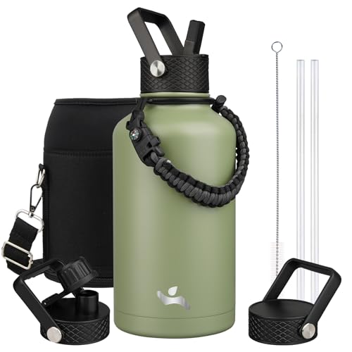 Botella de agua aislada de medio galón con popote, jarra de agua de 64 onzas, 3 tapas con bolsa de transporte, asa de paracaídas, termo de metal de acero inoxidable al vacío de doble pared, verde