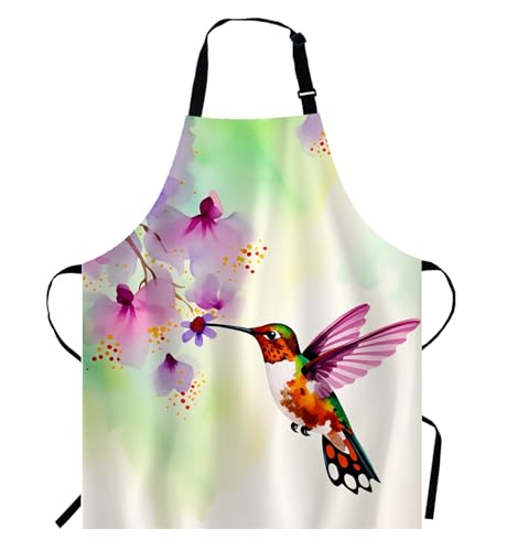 WONDERTIFY Hummingbird and Flowers Apron,Watercolor Tropical Bird Colibri Fly On Floral Green Bib Apron with Adjustable Neck for Men Women,Suitable for Kitchen Cooking Waitress Chef Grill BBQ Apron