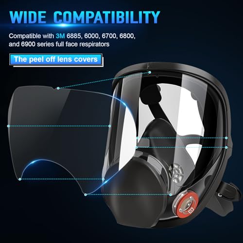 50 Pack Peel Off Lens Cover Compatible for 3M Respirator Masks 6885, 6000, 6700, 6800, 6900 Series, Faceshield Cover Lens, Full Face Mask Protector 9.9\" x 5.6\", Respirator Face Shield Cover