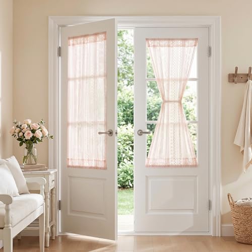 Image of MYSKY HOME Pink Lace French Door Curtains 40 inch Long 2 Panels Boho Sheer Floral Curtains for Door Window Scalloped Doorway Sidelight Curtains Come with 2 Matching Tie-Backs, 26 inch Wide Each Panel