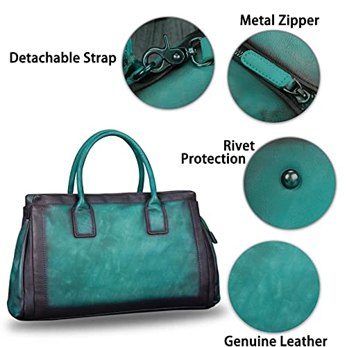 Image of Genuine Leather Top Handle Handbag Satchel for Women Handmade Vintage Handbags Purse Retro Cowhide Crossbody Hobo Bag Purses (Cyan)