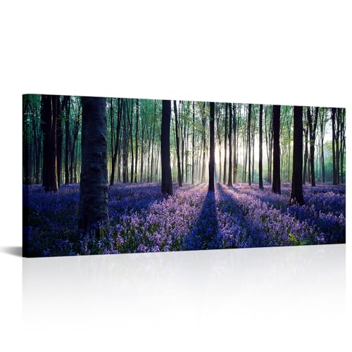 Visual Art Decor Framed Large Purple Canvas Wall Art Mild Sunshine Lavender Flowers Forest Landscape Tree Wall Art Picture Prints Ready to Hang for Home Office Living Room Bedroom Decoration