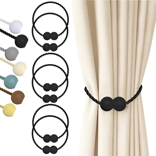 Hion Magnetic Curtain Tiebacks Black 6pcs, Curtain Holdbacks Hooks Holders